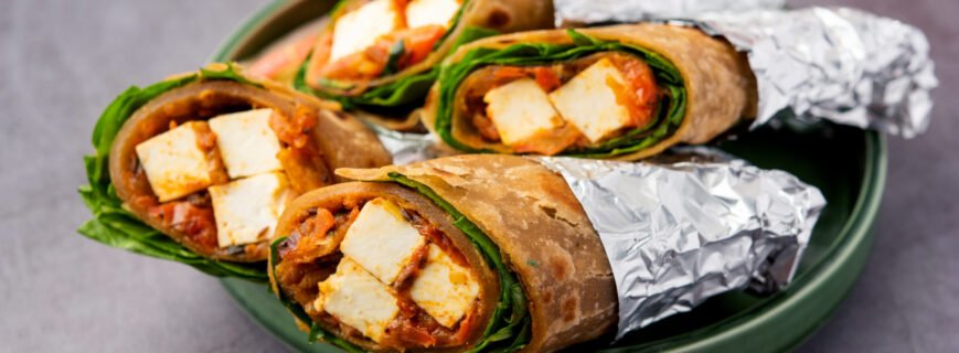 Cottage Cheese Paneer kathi roll or wrap also known as kolkata style spring rolls, vegetarians Indian food