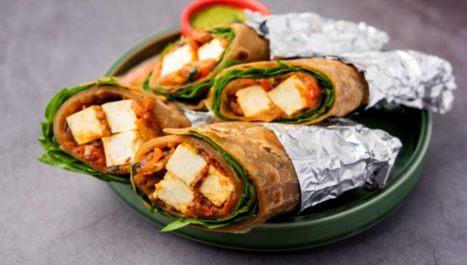 Cottage Cheese Paneer kathi roll or wrap also known as kolkata style spring rolls, vegetarians Indian food